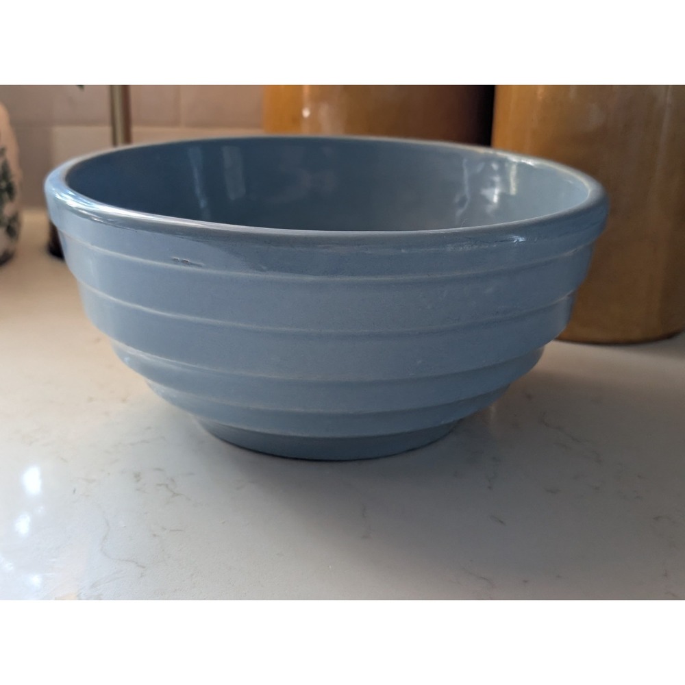 Mid-Century Periwinkle Blue Beehive Ribbed 9.5" Ceramic Mixing Bowl Vintage